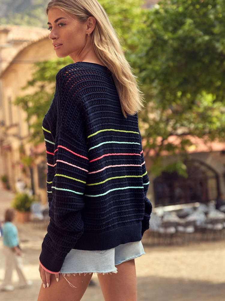 Navy Blue Rainbow 100% Cotton Stripe Stitch Detail Pocket Jumper - Image 2 of 7