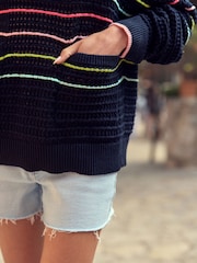 Navy Blue Rainbow 100% Cotton Stripe Stitch Detail Pocket Jumper - Image 4 of 7