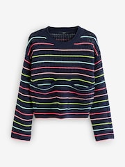 Navy Blue Rainbow 100% Cotton Stripe Stitch Detail Pocket Jumper - Image 5 of 7