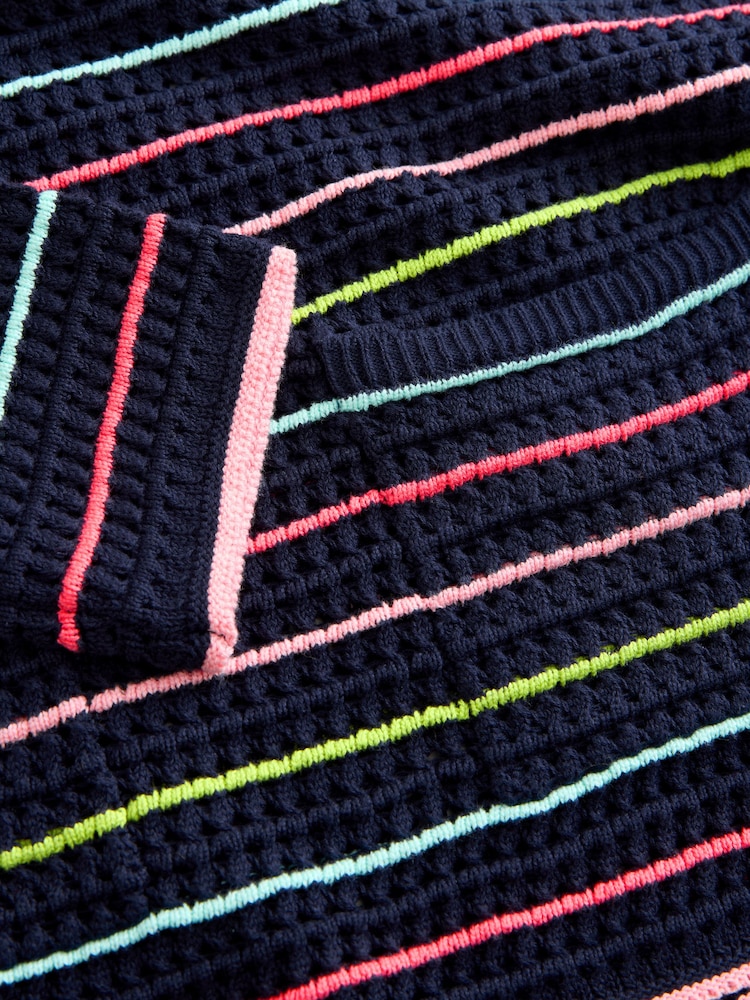 Navy Blue Rainbow 100% Cotton Stripe Stitch Detail Pocket Jumper - Image 7 of 7