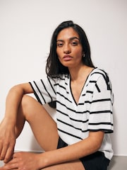 Black/White V-Neck Gem Button Linen T-Shirt - Image 1 of 6