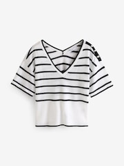 Black/White V-Neck Gem Button Linen T-Shirt - Image 5 of 6