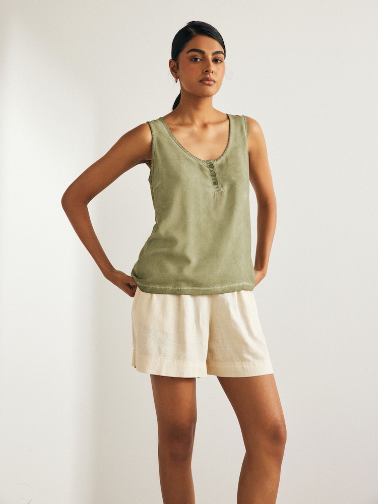 Khaki Green Woven Front Button Detail Linen Blend Knitted Vest - Image 1 of 7 Khaki Green Woven Front Button Detail Linen Blend Knitted Vest - Image 1 of 7
