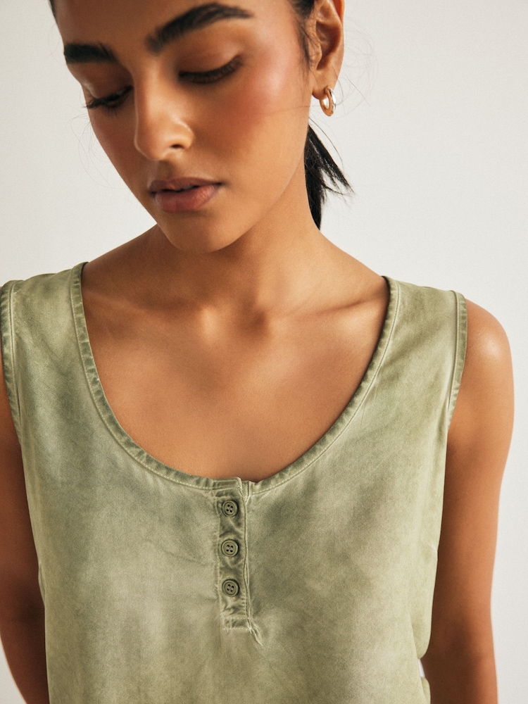Khaki Green Woven Front Button Detail Linen Blend Knitted Vest - Image 2 of 7 Khaki Green Woven Front Button Detail Linen Blend Knitted Vest - Image 2 of 7
