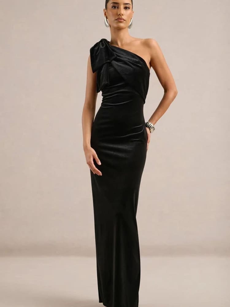 Club L London Black Zephira Velvet Asymmetric-Neck Maxi Dress With Bow Detail - Image 1 of 6