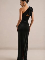Club L London Black Zephira Velvet Asymmetric-Neck Maxi Dress With Bow Detail - Image 2 of 6