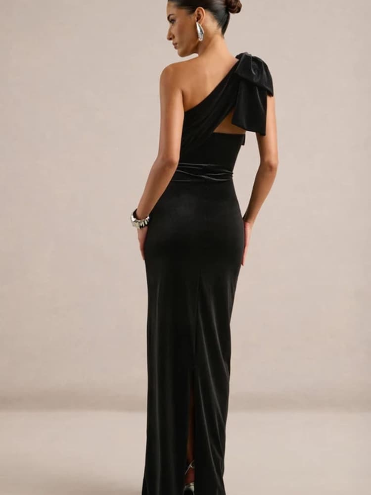 Club L London Black Zephira Velvet Asymmetric-Neck Maxi Dress With Bow Detail - Image 2 of 6
