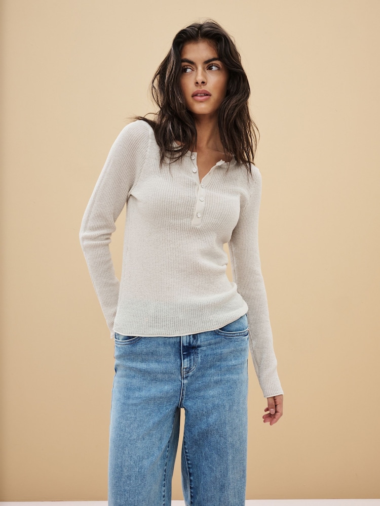 Neutral Sheer Gem Button Knitted Top - Image 1 of 6