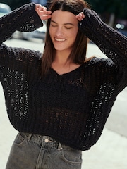 Black Open Stitch Knitted Top - Image 1 of 6