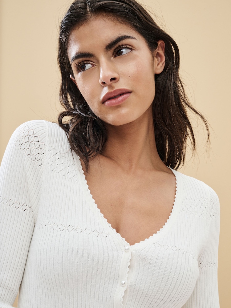 Ecru White Knitted Pearl Button Top - Image 1 of 7