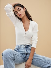 Ecru White Knitted Pearl Button Top - Image 5 of 7