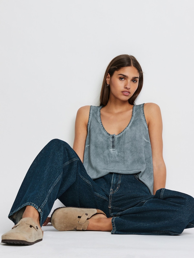 Chambray Blue Woven Front Button Detail Linen Blend Knitted Vest - Image 2 of 5 Chambray Blue Woven Front Button Detail Linen Blend Knitted Vest - Image 2 of 5