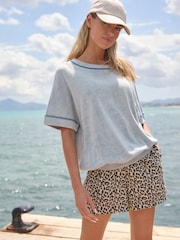 Chambray Blue Knitted Crew Neck Short Sleeve Top - Image 1 of 7