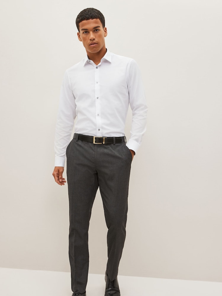 White Slim Fit Trimmed Easy Care Double Cuff Shirt - Image 2 of 7