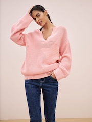 Pink V-Neck Stitch Detail Star 100% Cotton Jumper - Image 1 of 8
