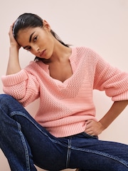 Pink V-Neck Stitch Detail Star 100% Cotton Jumper - Image 2 of 8