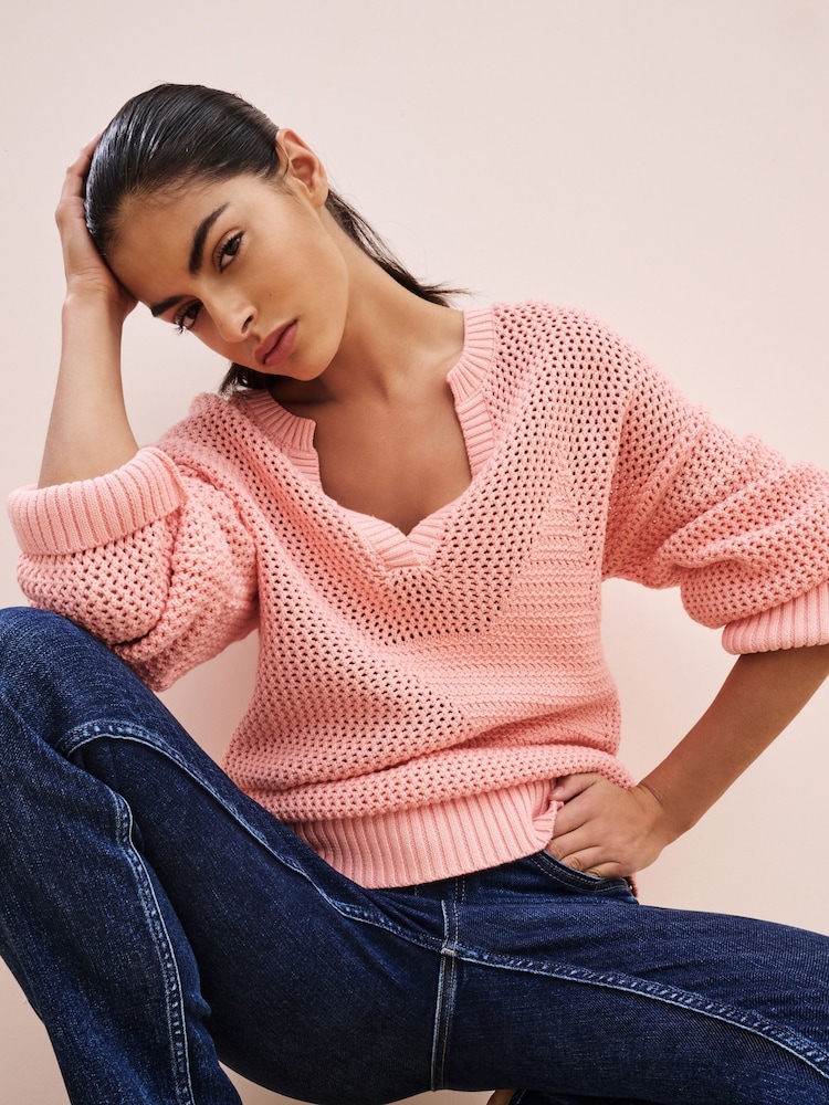Pink V-Neck Stitch Detail Star 100% Cotton Jumper - Image 2 of 8