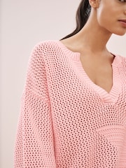 Pink V-Neck Stitch Detail Star 100% Cotton Jumper - Image 5 of 8