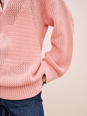 Pink V-Neck Stitch Detail Star 100% Cotton Jumper - Image 6 of 8