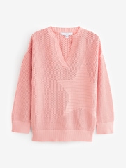 Pink V-Neck Stitch Detail Star 100% Cotton Jumper - Image 7 of 8