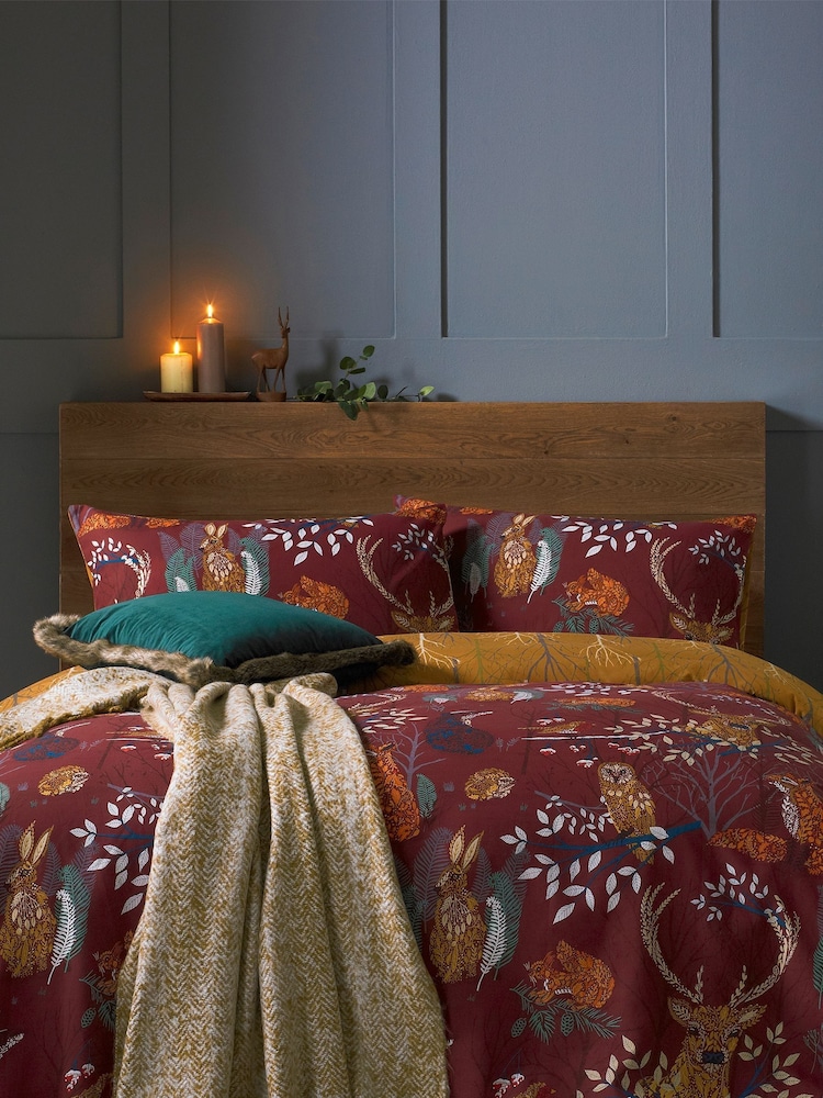furn. Red Forest Fauna Printed Woodland Reversible Duvet Cover And Pillowcase Set - Image 1 of 2
