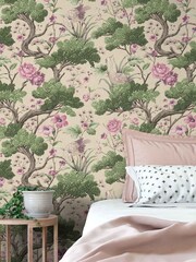 Woodchip & Magnolia Cream Crane Bird Wallpaper - Image 1 of 4