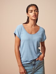 Chambray Blue Scoop Neck Knitted Short Sleeve T-Shirt - Image 1 of 6