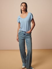 Chambray Blue Scoop Neck Knitted Short Sleeve T-Shirt - Image 2 of 6