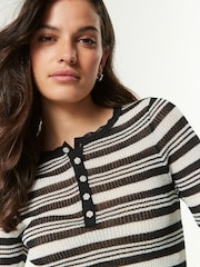 Black and White Stripe Sheer Gem Button Knitted Top - Image 1 of 6