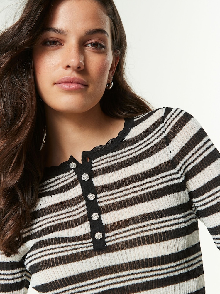Black and White Stripe Sheer Gem Button Knitted Top - Image 1 of 6