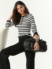 Black and White Stripe Sheer Gem Button Knitted Top - Image 2 of 6