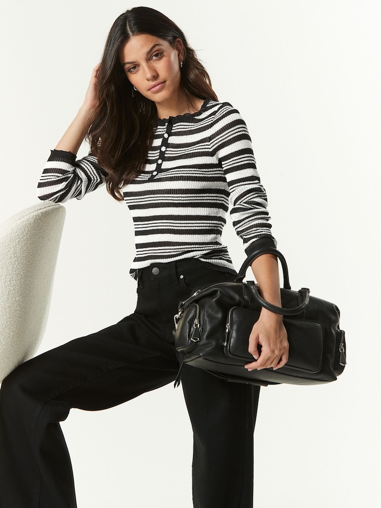 Black and White Stripe Sheer Gem Button Knitted Top - Image 2 of 6
