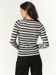 Black and White Stripe Sheer Gem Button Knitted Top - Image 4 of 6