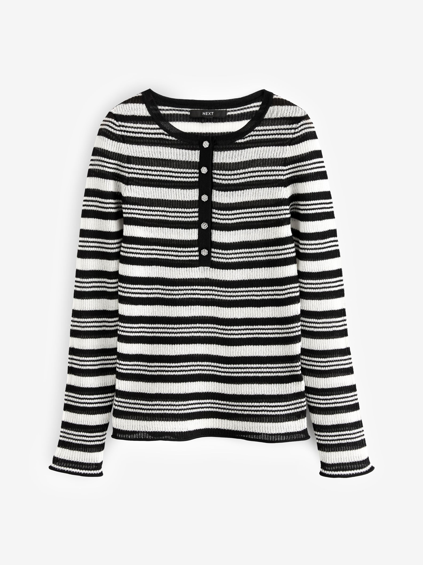 セール 登場から人気沸騰 and Black Buy White from Top Knitted Button Gem Sheer Stripe トップス