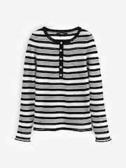 Black and White Stripe Sheer Gem Button Knitted Top - Image 5 of 6