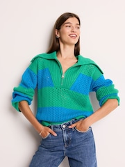 Bright Green and Blue Stripe Open Stitch Mesh Zip Neck Collar Jumper - Image 1 of 7