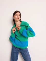 Bright Green and Blue Stripe Open Stitch Mesh Zip Neck Collar Jumper - Image 2 of 7