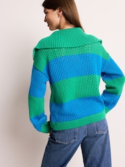 Bright Green and Blue Stripe Open Stitch Mesh Zip Neck Collar Jumper - Image 3 of 7