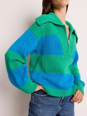 Bright Green and Blue Stripe Open Stitch Mesh Zip Neck Collar Jumper - Image 4 of 7