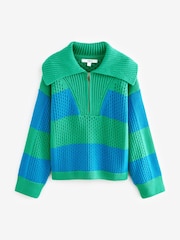 Bright Green and Blue Stripe Open Stitch Mesh Zip Neck Collar Jumper - Image 5 of 7