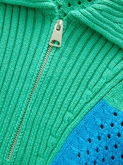 Bright Green and Blue Stripe Open Stitch Mesh Zip Neck Collar Jumper - Image 6 of 7
