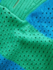 Bright Green and Blue Stripe Open Stitch Mesh Zip Neck Collar Jumper - Image 7 of 7