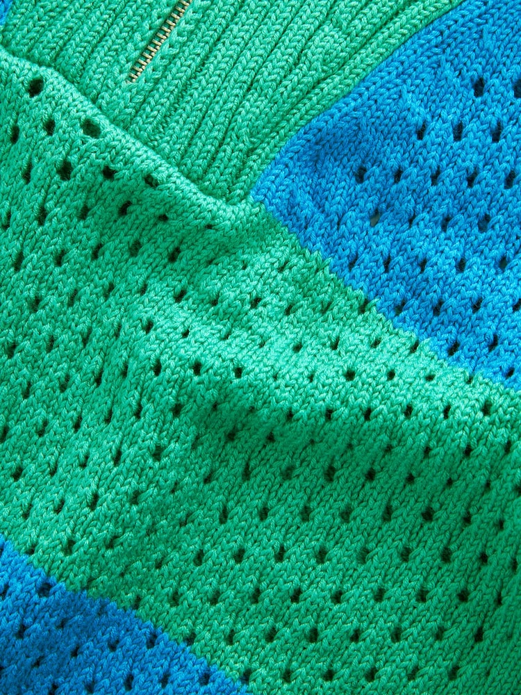 Bright Green and Blue Stripe Open Stitch Mesh Zip Neck Collar Jumper - Image 7 of 7