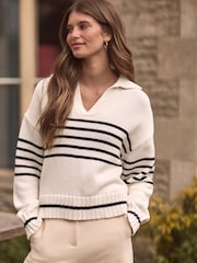 Ecru White Stripe Premium Fly Collar Jumper - Image 3 of 7