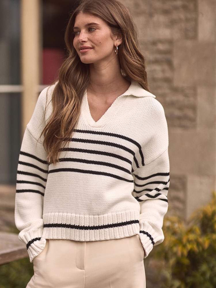 Ecru White Stripe Premium Fly Collar Jumper - Image 3 of 7