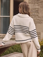 Ecru White Stripe Premium Fly Collar Jumper - Image 4 of 7