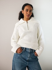 Cream Open Stitch Mesh Zip Neck Collar Jumper - Image 1 of 7