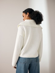 Cream Open Stitch Mesh Zip Neck Collar Jumper - Image 2 of 7
