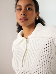 Cream Open Stitch Mesh Zip Neck Collar Jumper - Image 3 of 7