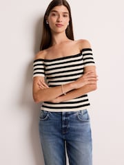 White and Black Stripe Short Sleeve Ribbed Knitted Bardot Top - Image 1 of 6